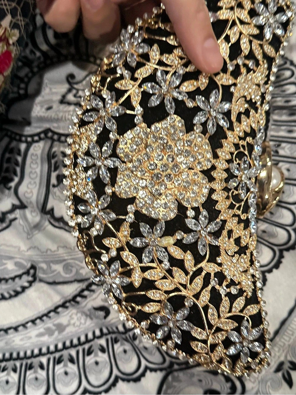 Pakistani Floral Crystal Clutch in Black & Gold